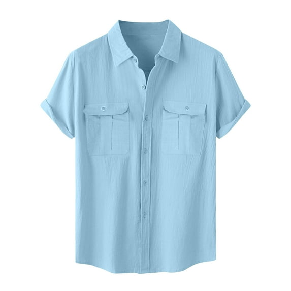 Funicet Mens Short Sleeve Button Down Shirts Men's Fashion Vacation Solid Color Cotton Linen Double Pocket Casual Shirts Short Sleeves Light Blue 3XL