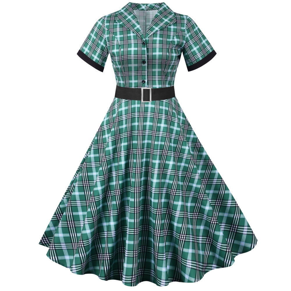 green emerald velvet dress Green Plaid Wool Swing Dress – Vintage Belted Midi Dress 5343 Green / XL main image 0