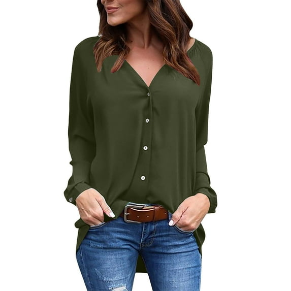 Funicet Plus Size Women's Shirts Flounce V Neck Solid Long Sleeved T Shirt Relaxed Fit Loose Pullover Jumper Breathable Tops Army Green XXL