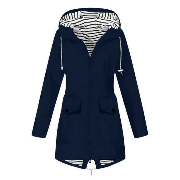 Funicet Raincoat Women Waterproof Long Hooded Trench Coats Lined Windbreaker Travel Jacket Navy 3XL
