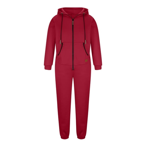 Funicet Savings Clearance 2024! Mens Jumpsuit Overalls Hooded Zip Drawstring Pocket Hoodie Solid Color Long Sleeve Trousers Jumpsuit Wine 2XL
