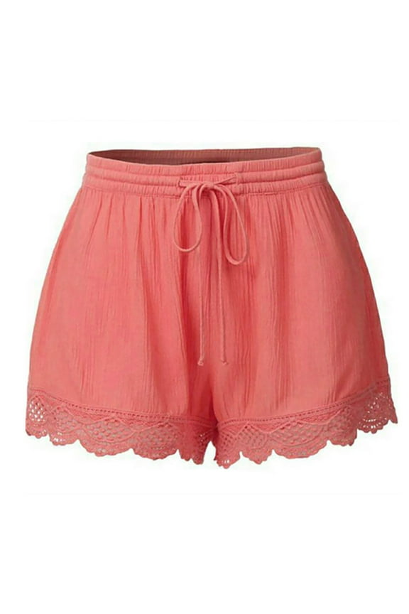 Shorts for Women Womens Plus Size Solid Casual Elastic Waist Striped Summer Beach Shorts Drawstring Comfy Lace Trim Shorts Rope Tie Shorts