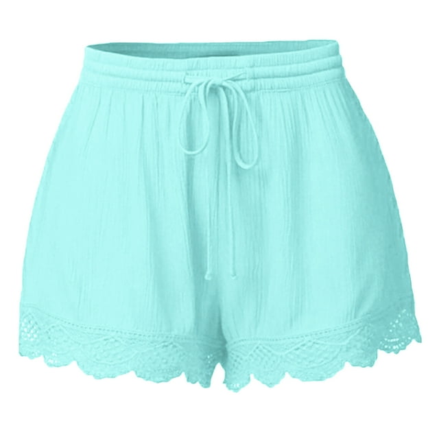Funicet Summer Savings Clearance! Shorts for Women Plus Size Solid Casual Elastic Waist Beach Shorts Drawstring Comfy Lace Trim Shorts Rope Tie Shorts w/ Pockets