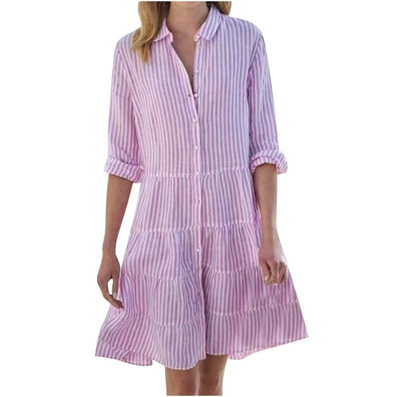 Funicet Swing Dresses for Women 2024 Casual Long Sleeve Striped Printed Lapel Multi Layered Patchwork Hem Shirt Dresses Pink 3XL