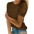 thumbnail image 1 of Funicet Trendy Blouse Short Sleeve Crew Neck Summer Loose Lace Splicing Solid Dressy Tee Shirt Tops Clothing Brown S, 1 of 5
