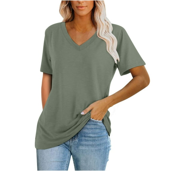 Funicet V-Neck Women T Shirts Short Sleeve Loose Summer Tops for Women Army Green XL