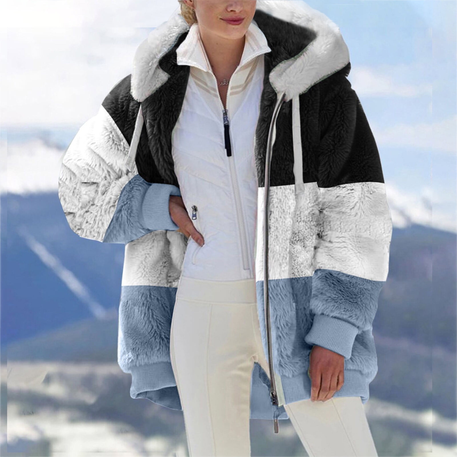 Funicet Women Fashion Outerwear 2024! Plus Size Coats for Women Warm Loose  Plush Zip Hoodies Oversized Sherpa Color Block Jackets for Fall, Winter 