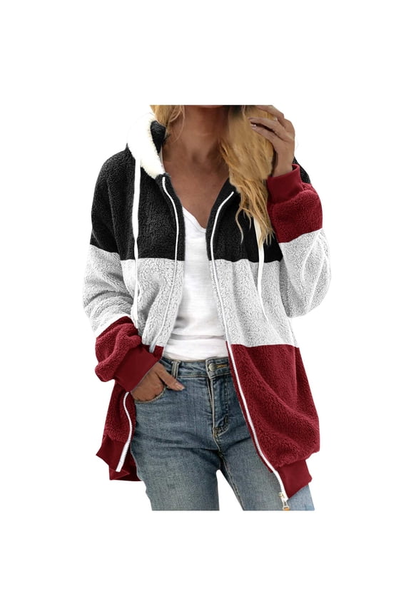 Women Fashion Outerwear 2024! Plus Size Coats for Women Warm Loose Plush Zip Hoodies Oversized Sherpa Color Block Jackets for Fall, Winter