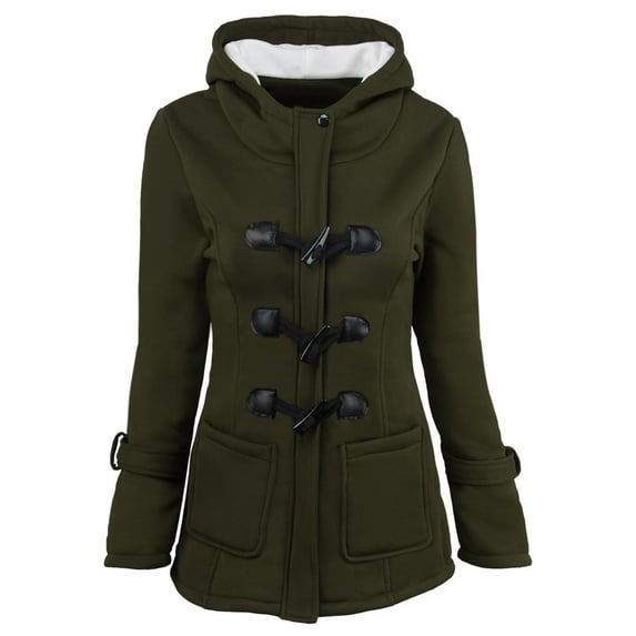 Funicet Women Jackets Winter Women Color Horn Buttons Cardigan Padded Hooded Coat Jacket Overcoat Green C 3XL