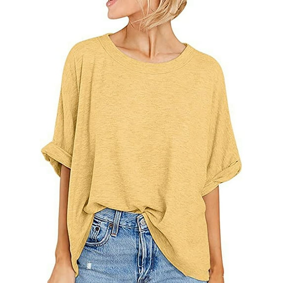 Womens Summer Tops Women Oversized T-Shirt Summer Casual Loose Fit 5/4 Sleeve Short Sleeve Solid Macaron Color Loose Tee Tops Womens Short Sleeve Tops
