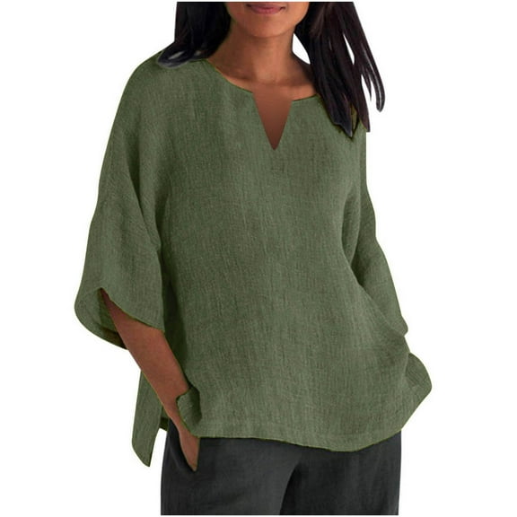 Funicet Women Plus Size Cotton Linen Tops, Women Summer Solid Casual Loose Basic Tops, Fashion Half Sleeves T Shirt, Oversized V-neck Tees Tops Blouses Army Green L