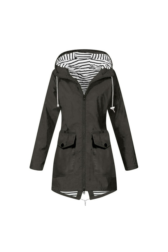 Women Rain Jacket Women Solid Color Rain Jacket Outdoor Hooded Windproof Loose with Pocket Coat Dark Gray 2XL