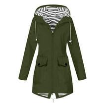 Funicet Women Rain Jacket Women Solid Rain Jacket Outdoor Plus Size Hooded Windproof Loose Coat Army Green L