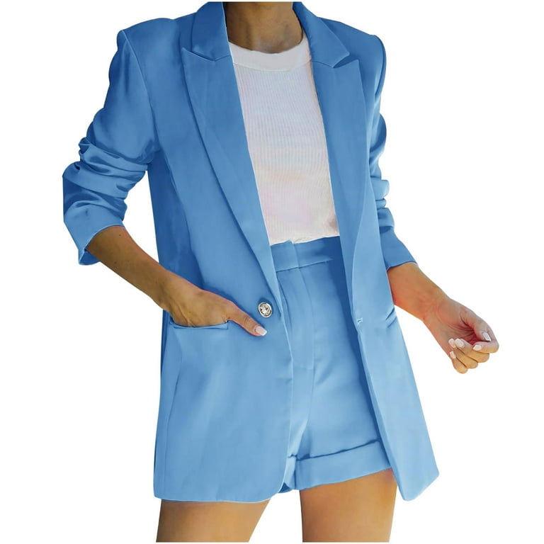 Women's 2 Piece Open Front Long Sleeve Blazer and Solid Short Pants Suit Sets