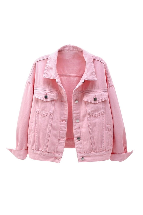 Women's Casual Denim Jacket Solid Color Basic Long Sleeve Jean Jacket Coat Pink M