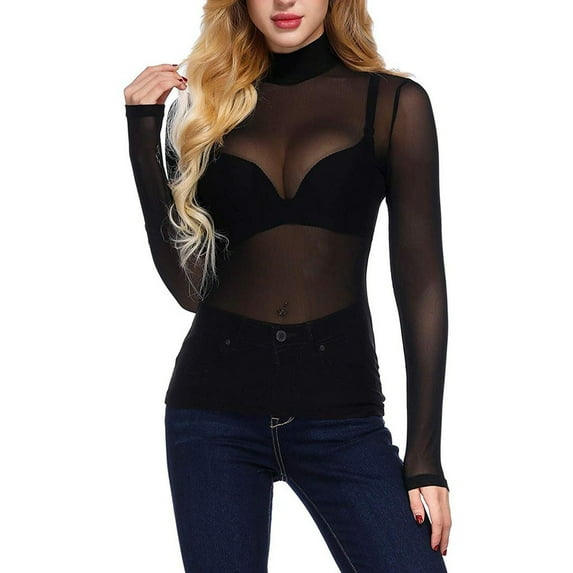 Funicet Women's Long Sleeve See Through Mesh Sheer Solid Top Blouse Shirts High Neck Arm Shaper Top Sheer Mesh Yoke Casual Blouse Shirt #Black A XL