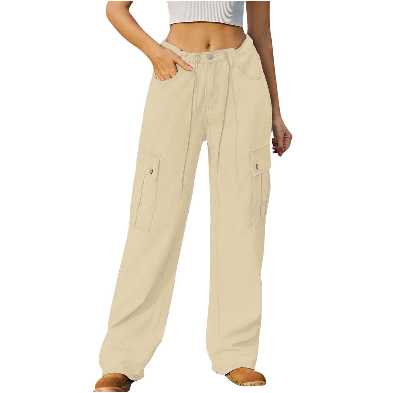 Funicet Women's Pants Fashion Women's Drawstring Pocket Button Mid Waist  Tight Pants