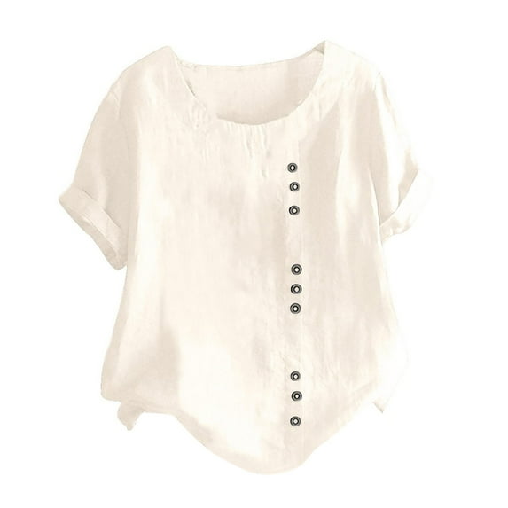 Funicet Women's Short Sleeve Cotton Linen Blouses Top T-Shirt Beige B S