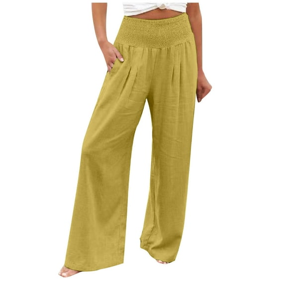 Funicet Womens Cotton Linen Loose Fit Casual Pants Elastic Waist Yoga Summer Beach Trousers Pants with Pockets Yellow 3XL