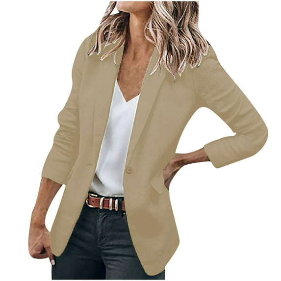 Funicet Womens Open Front Long Sleeve Lapel Cardigans Solid Color Casual Work Office Jackets Blazer Jacket Khaki 2XL