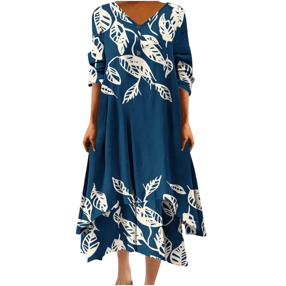Funicet Womens Plus Size Boho Dresses Retro Button Dress V Neck 3/4 Sleeve Floral Bohemian Maxi Dresses Irregular Hem Wrap Evening Dresses