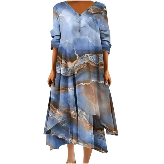 Funicet Womens Plus Size Boho Dresses Retro Button Dress V Neck 3/4 Sleeve Floral Bohemian Maxi Dresses Irregular Hem Wrap Evening Dresses
