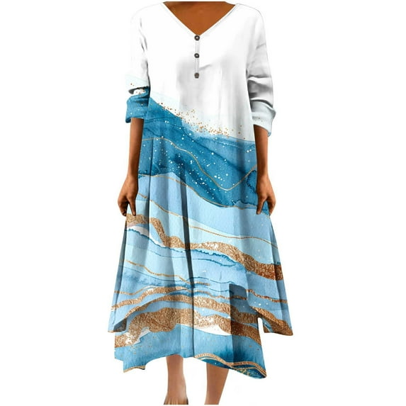 Funicet Womens Plus Size Boho Dresses Retro Button Dress V Neck 3/4 Sleeve Floral Bohemian Maxi Dresses Irregular Hem Wrap Evening Dresses