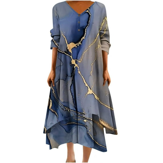 Funicet Womens Plus Size Boho Dresses Retro Button Dress V Neck 3/4 Sleeve Floral Bohemian Maxi Dresses Irregular Hem Wrap Evening Dresses