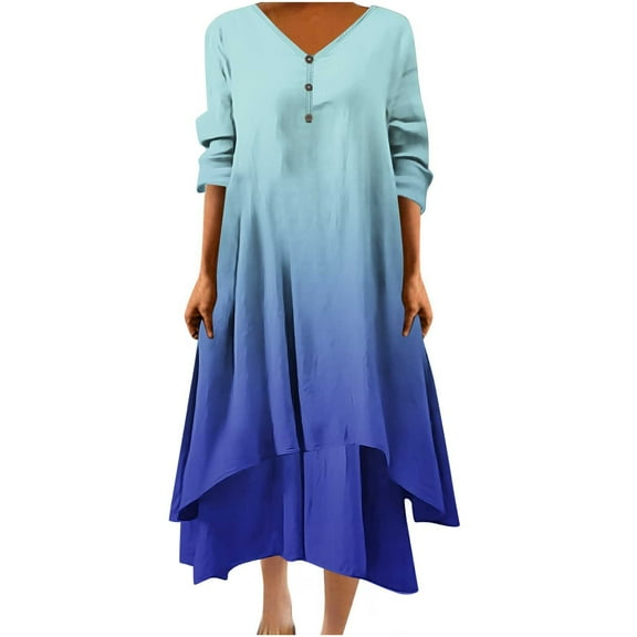 Funicet Womens Plus Size Boho Dresses Retro Button Dress V Neck 3/4 Sleeve Gradient Bohemian Maxi Dresses Irregular Hem Wrap Evening Dresses