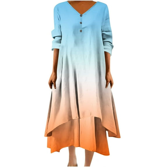 Funicet Womens Plus Size Boho Dresses Retro Button Dress V Neck 3/4 Sleeve Gradient Bohemian Maxi Dresses Irregular Hem Wrap Evening Dresses