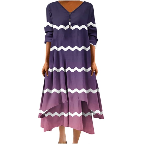 Funicet Womens Plus Size Boho Dresses Retro Button Dress V Neck 3/4 Sleeve Stripe Bohemian Maxi Dresses Irregular Hem Wrap Evening Dresses