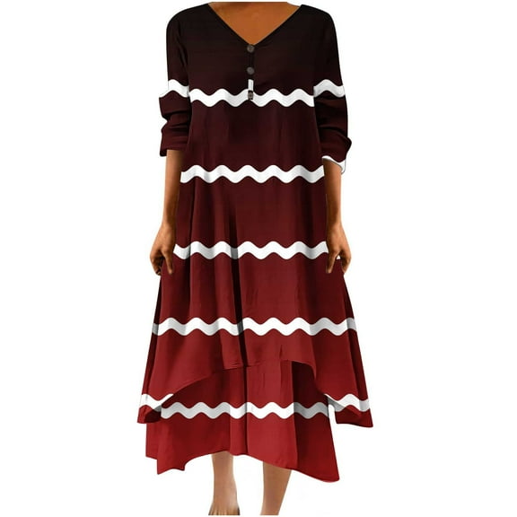 Funicet Womens Plus Size Boho Dresses Retro Button Dress V Neck 3/4 Sleeve Stripe Bohemian Maxi Dresses Irregular Hem Wrap Evening Dresses
