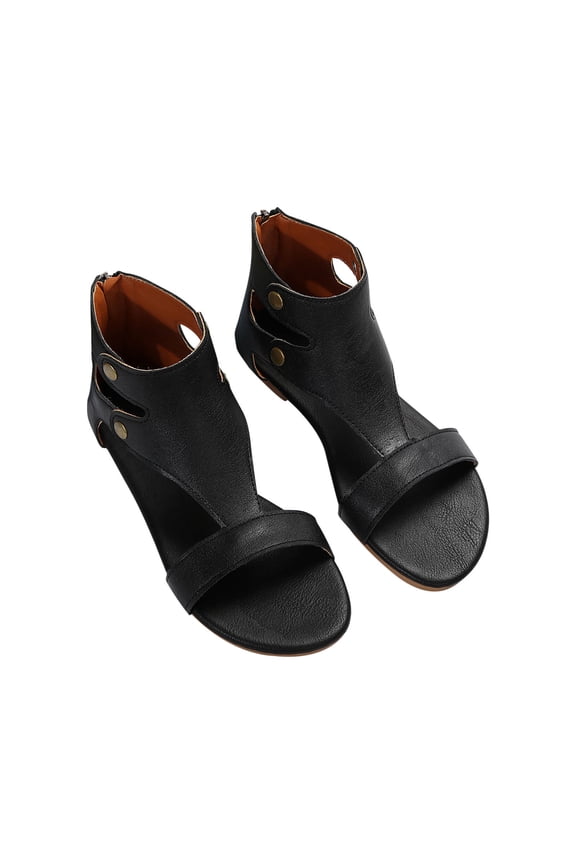 Womens Sandals Large Size Flat Zipper Fish Mouth Sandals One-strap Roman Sandals Black 41