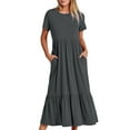 thumbnail image 1 of Funicet Womens Summer Casual T Shirt Dresses Short Sleeve Swing Dress Crewneck Solid Tiered Dress Mid-Length Layered with Pocket, 1 of 5