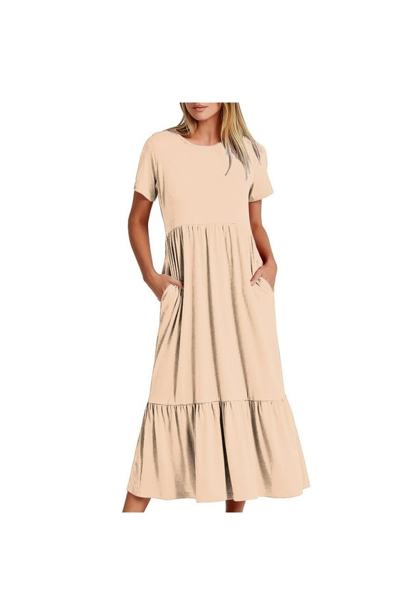 Womens Summer Casual T Shirt Dresses Short Sleeve Swing Dress Crewneck Solid Tiered Dress Mid-Length Layered with Pocket