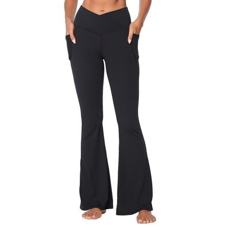 Funidos Women's Flare Leggings with Pockets-Crossover High Waisted Bootcut Yoga Pants-Tummy Control Bell Bottom Leggings