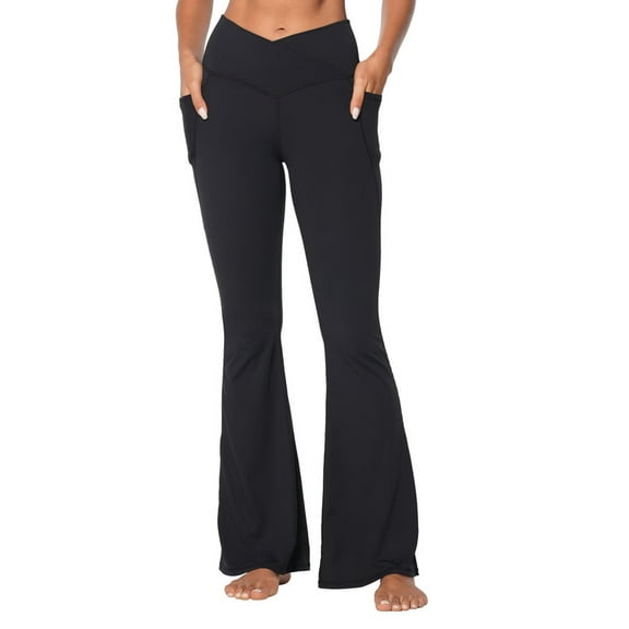Funidos Women's Flare Leggings with Pockets-Crossover High Waisted Bootcut Yoga Pants-Tummy Control Bell Bottom Leggings