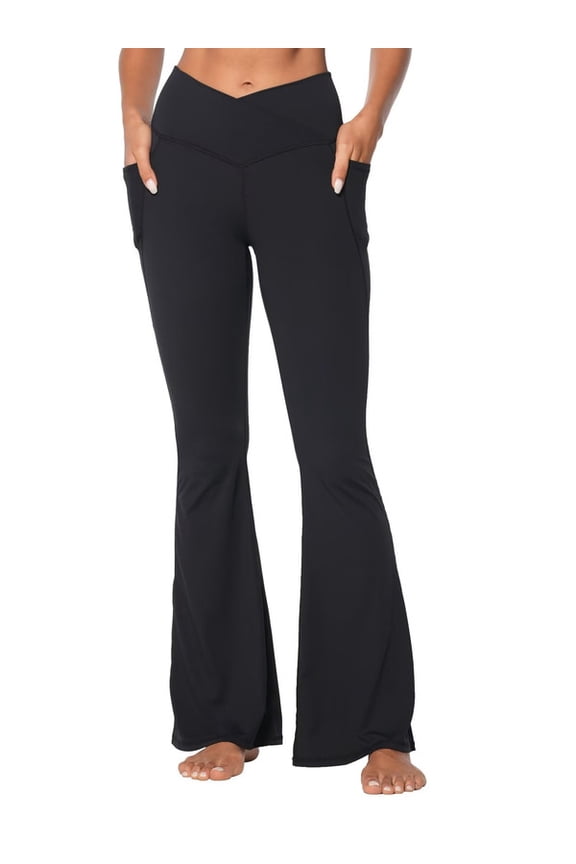 Women's Flare Leggings with Pockets-Crossover High Waisted Bootcut Yoga Pants-Tummy Control Bell Bottom Leggings