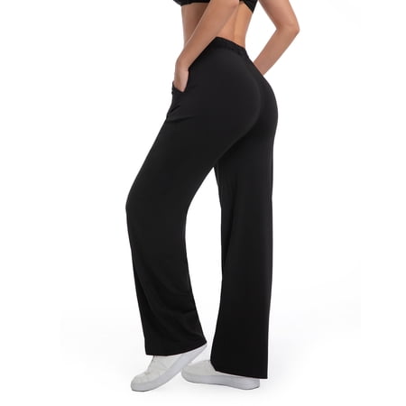 Funidos High Waist Wide Leg Pants Stretch Comfort Elastic Waistband Breathable Lounge Pants for Casual Office Wear XS-XL