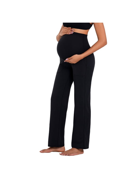 Maternity Pants Over The Belly Yoga Dress Work Pregnancy Pants Stretchy Lounge Wide Leg Trousers with Pockets