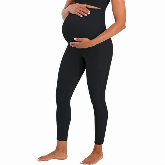 Funidos Women's Maternity Leggings with Pockets Over The Belly Pregnancy Yoga Pants Activewear Workout Leggings