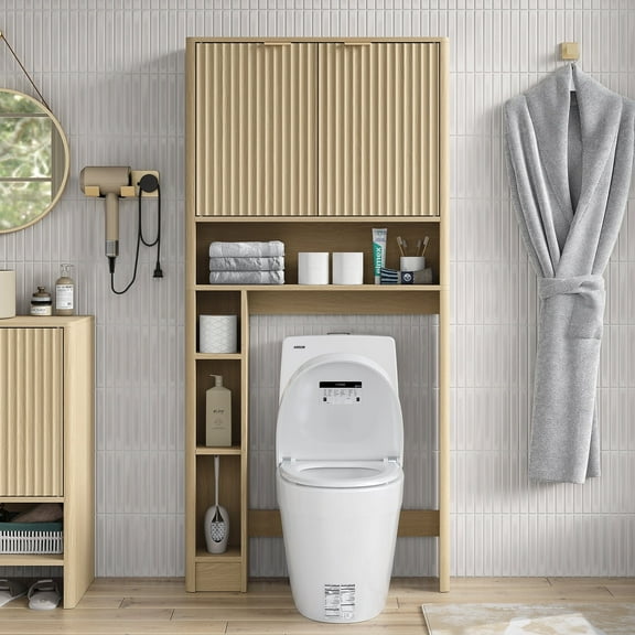 Funihold Over The Toilet Storage Cabinet, 31''W Modern Fluted Toilet Storage Cabinet with Toilet Paper Storage Holder & Adjustable Shelf for Bathroom, Natural Oak