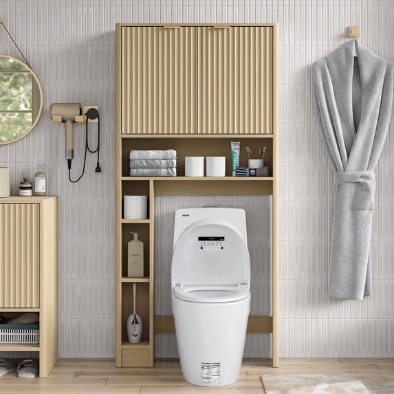 Funihold Over The Toilet Storage Cabinet, 31''W Modern Fluted Toilet Storage Cabinet with Toilet Paper Storage Holder & Adjustable Shelf for Bathroom, Natural Oak