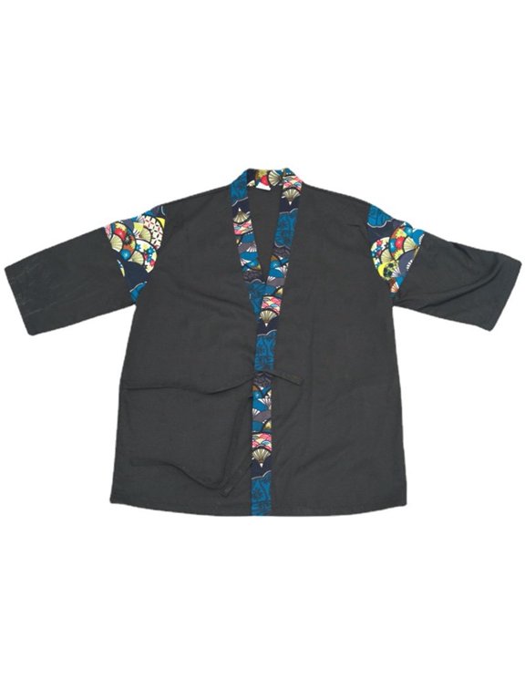 Black Blue Patchwork Half Sleeve Unisex Sushi Workwear Uniform Jackets Kimono Workwear Size XL