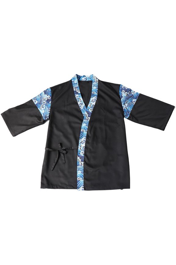 Black Blue Wave Trim Unisex Japanese Chef Coat Teppanyaki Sushi Work Uniform Size M