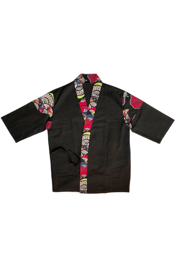 Black Red Patchwork Half Sleeve Unisex Sushi Chef Jacket Kimono Workwear Size M