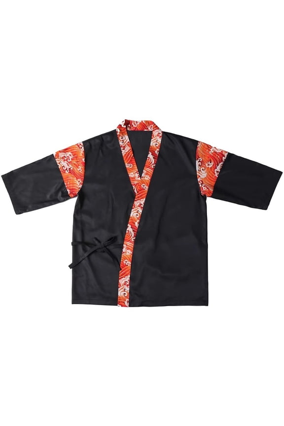 Black Red Wave Trim Unisex Japanese Chef Coat Teppanyaki Sushi Work Uniform Size M