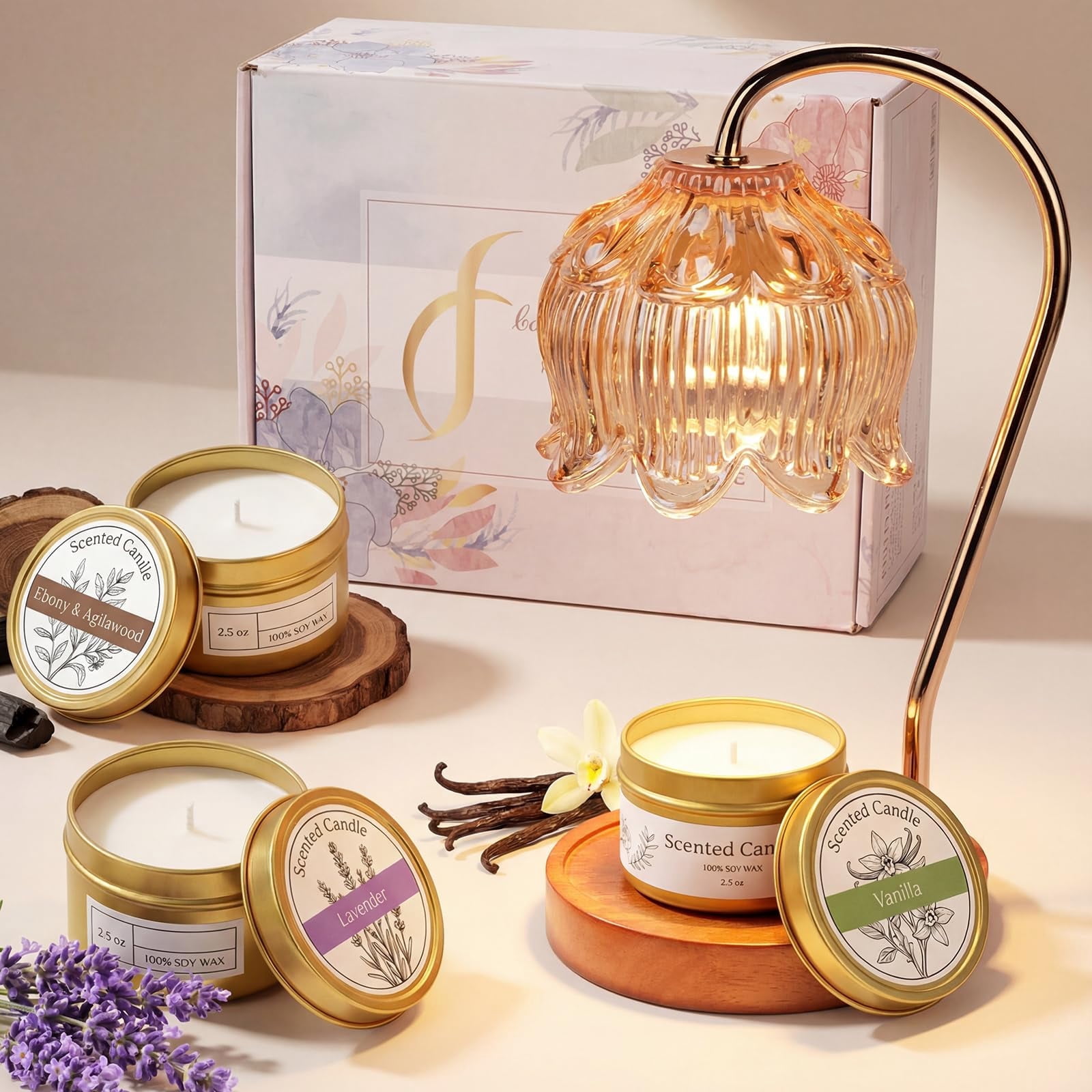 Funistree Candle Warmer Lamp Gift Set with 3 Jar Candles & Gift Box, Gifts for Mothers Day Women Mom Wife, Mom Sister Friend Gift, Lavender, Vanilla, Ebony, 2 Bulbs