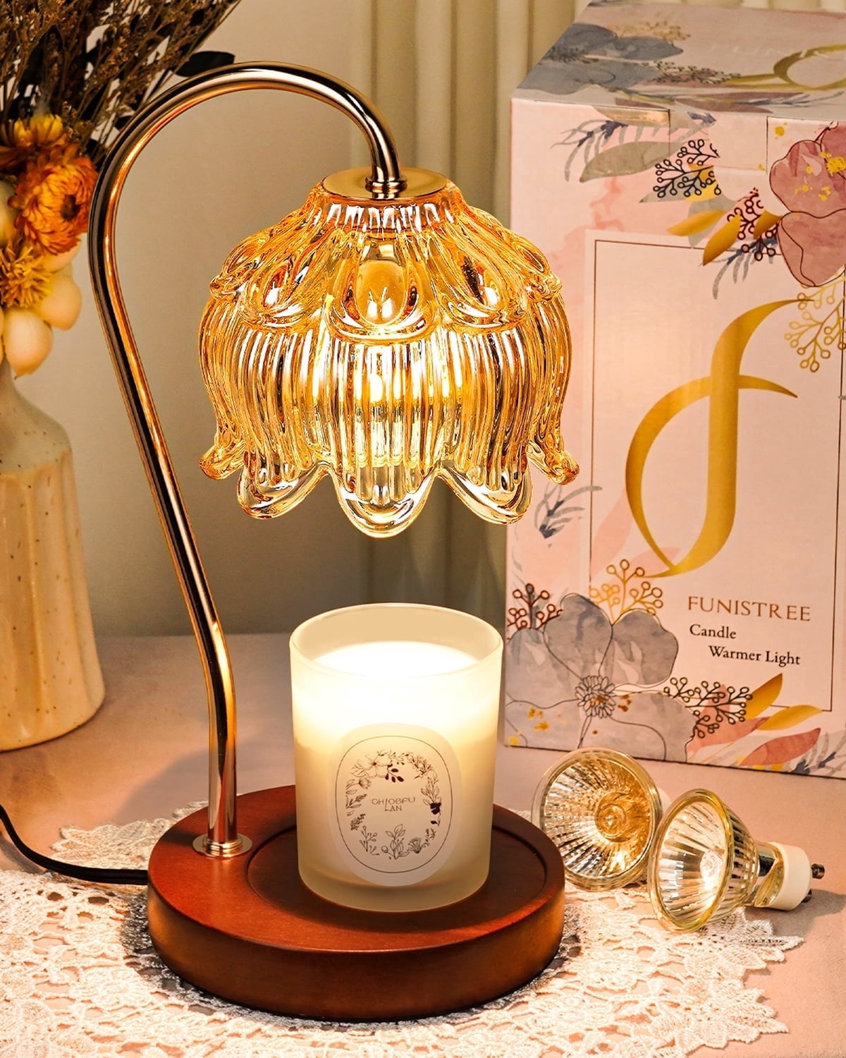 Funistree Flower Candle Warmer Lamp with Timer, Electric Top Down Wax Melter for Jar Candles, Amber Lotus Wax Warmer Gift for Women Mom Girl, New Home House Warming Decor