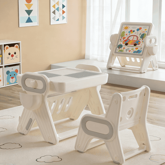 Funjoypals 4 IN 1 Foldable Drawing Board & Block Table with Chair for Kids Age 3-12